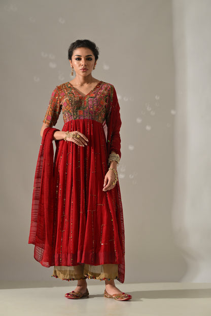 Red Hand Embroidered Anarkali Set