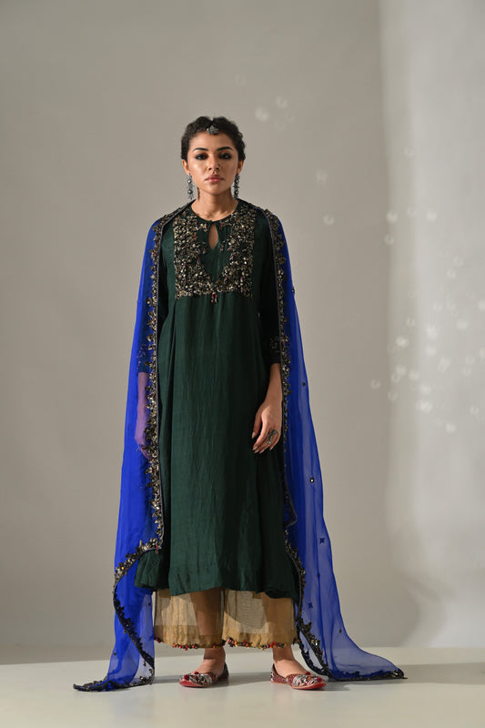 Emerald Sapphire Hand Embroidered Anarkali Set