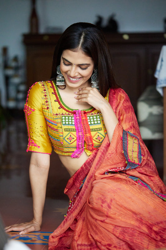 Silk Chiffon Orange Tie & Dye Saree Set