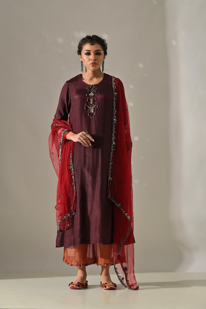 Deep Plum Orange Hand Embroidered Kurta Set