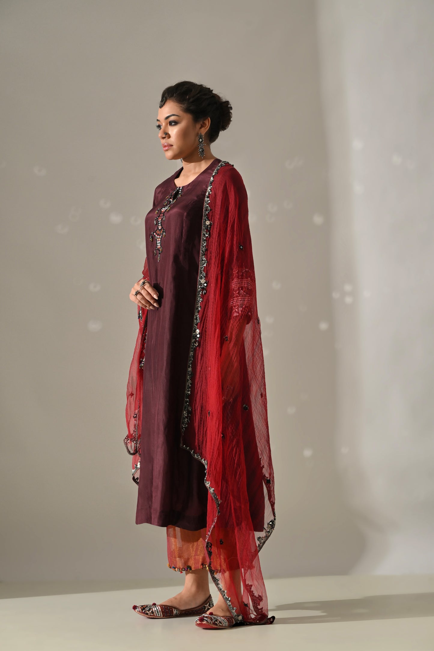 Deep Plum Orange Hand Embroidered Kurta Set
