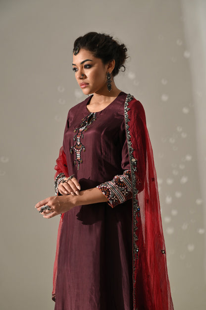 Deep Plum Orange Hand Embroidered Kurta Set