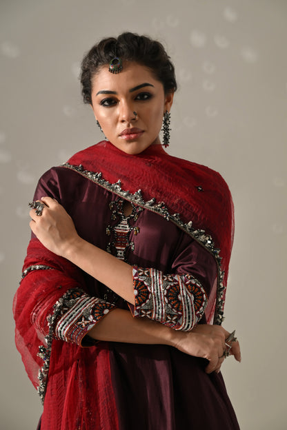 Deep Plum Orange Hand Embroidered Kurta Set
