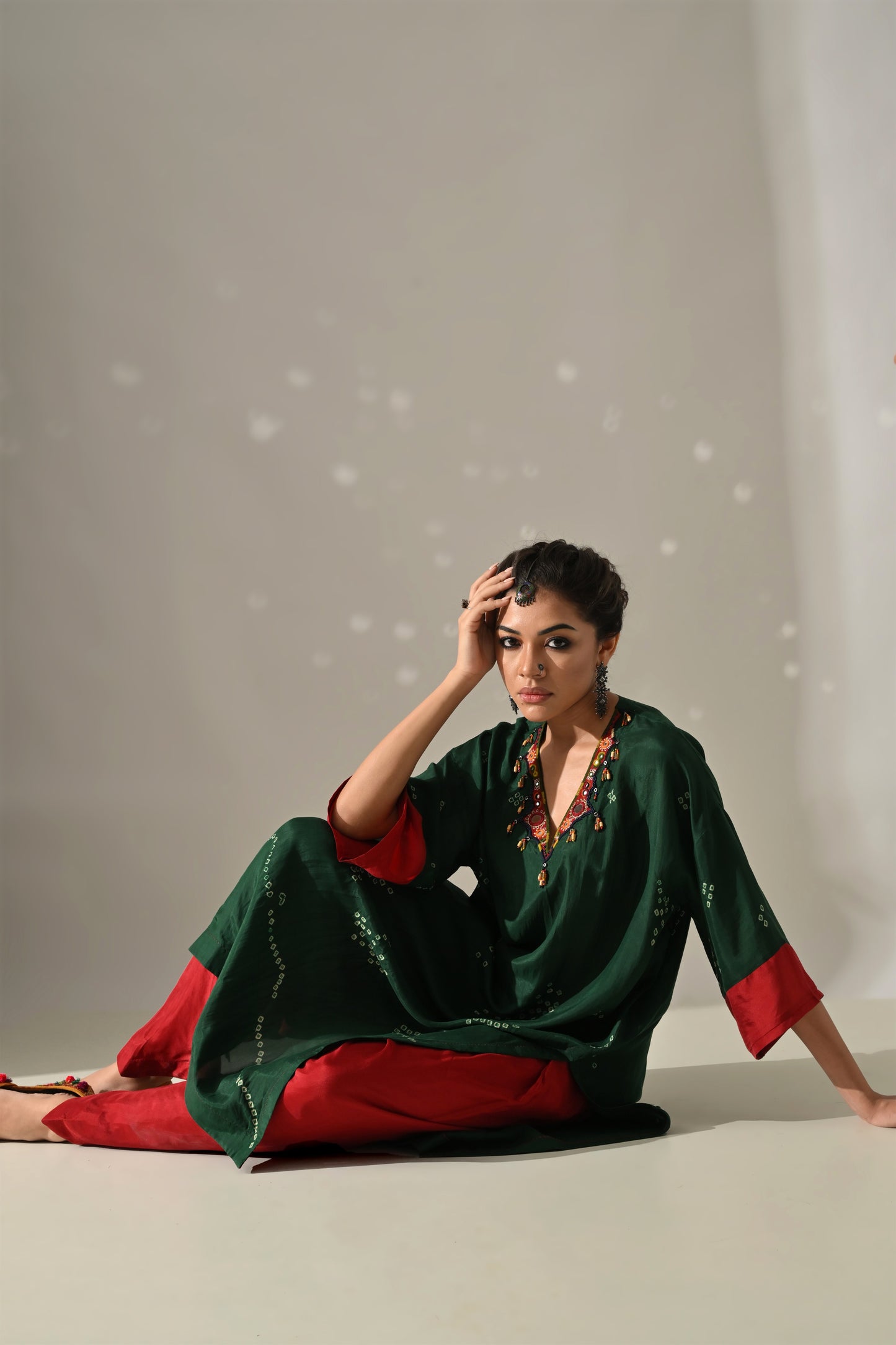 Green Red Bandhani Kurta Set
