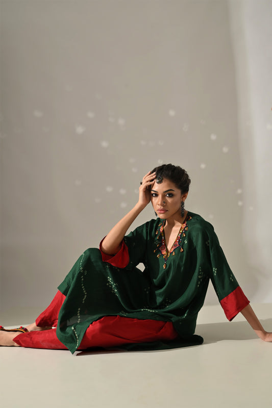 Green Red Bandhani Kurta Set