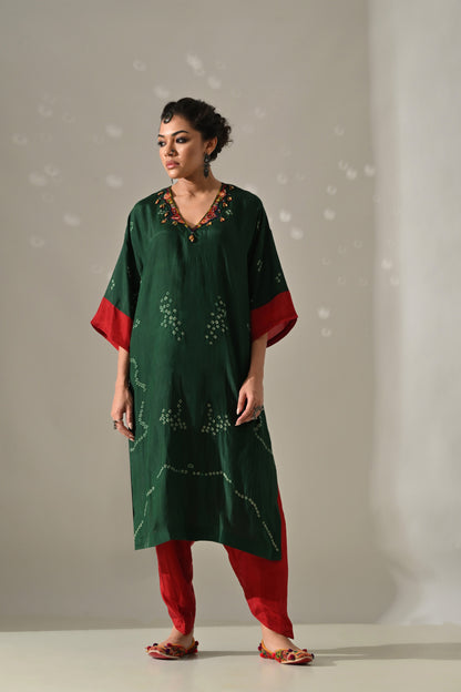 Green Red Bandhani Kurta Set
