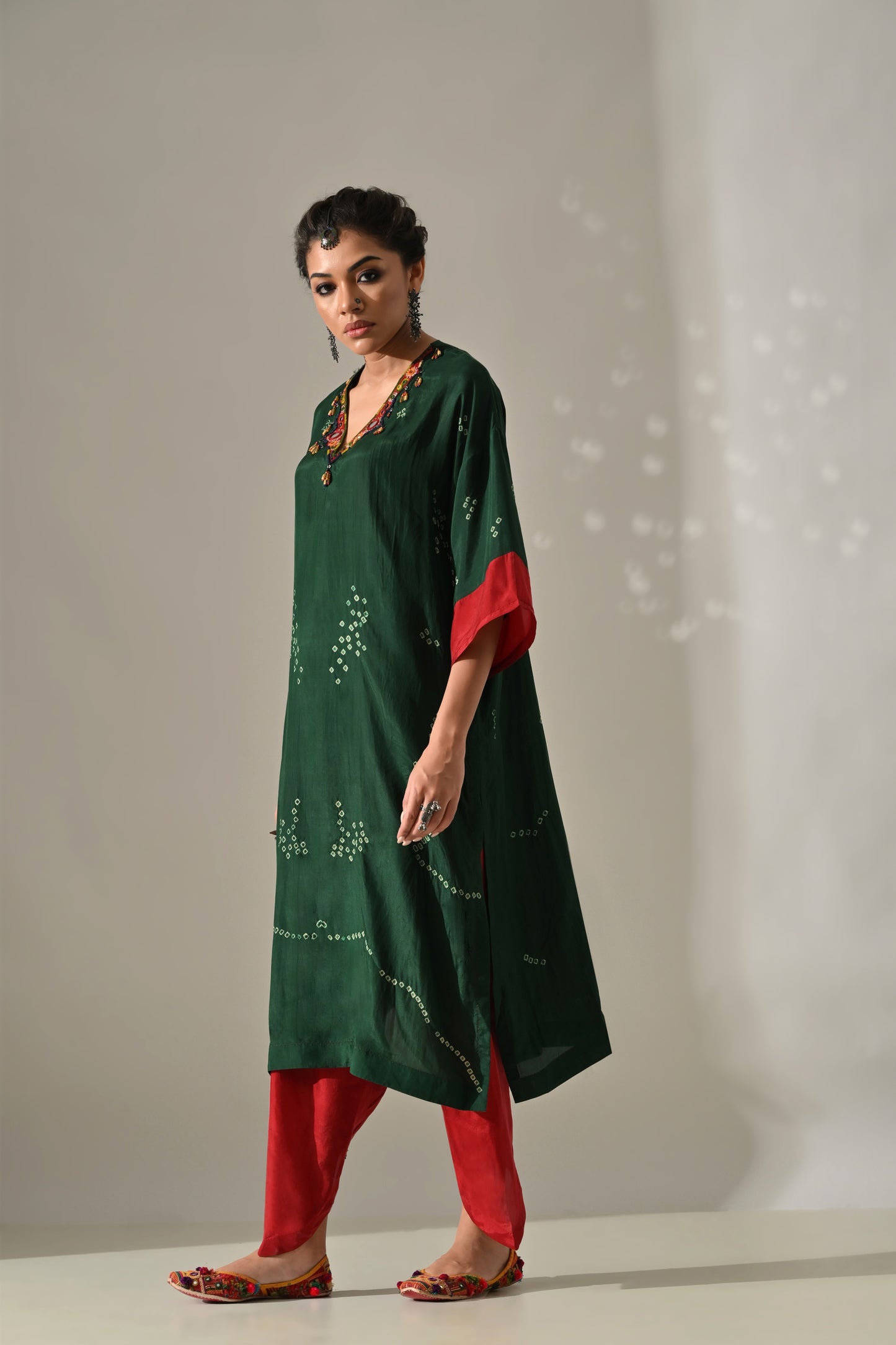 Green Red Bandhani Kurta Set