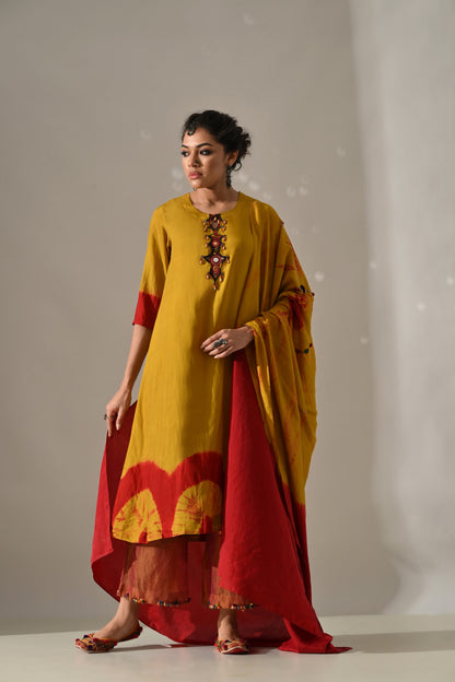 Yellow Orange Placement Tie Dye Kurta Set