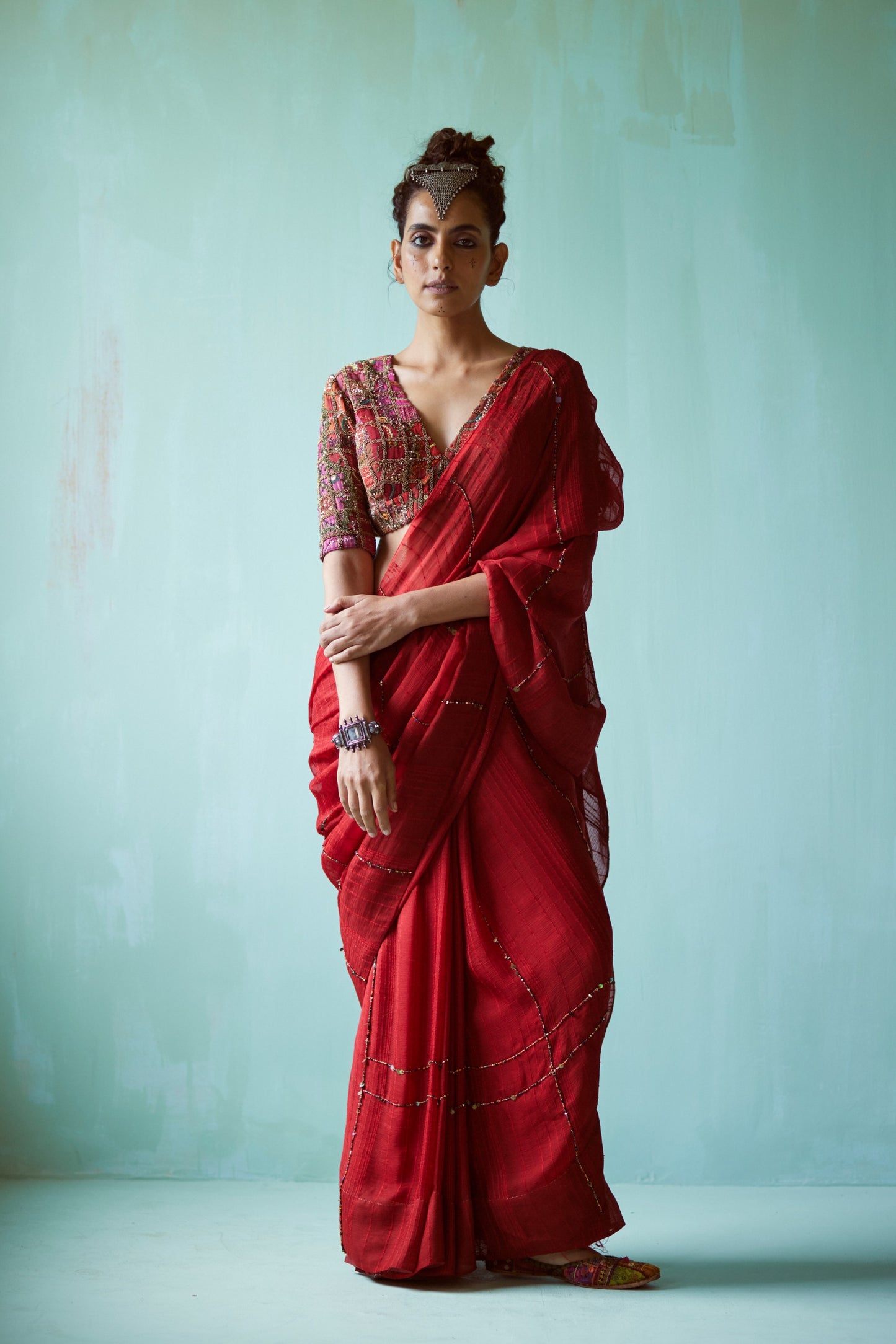 Red Hand Embellished Patchwork Saree Set