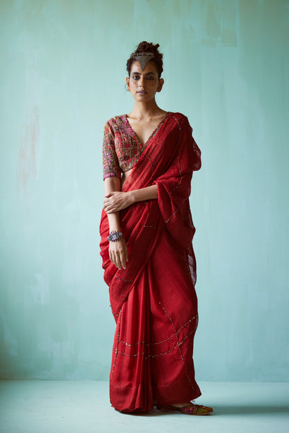 Red Hand Embellished Patchwork Saree Set