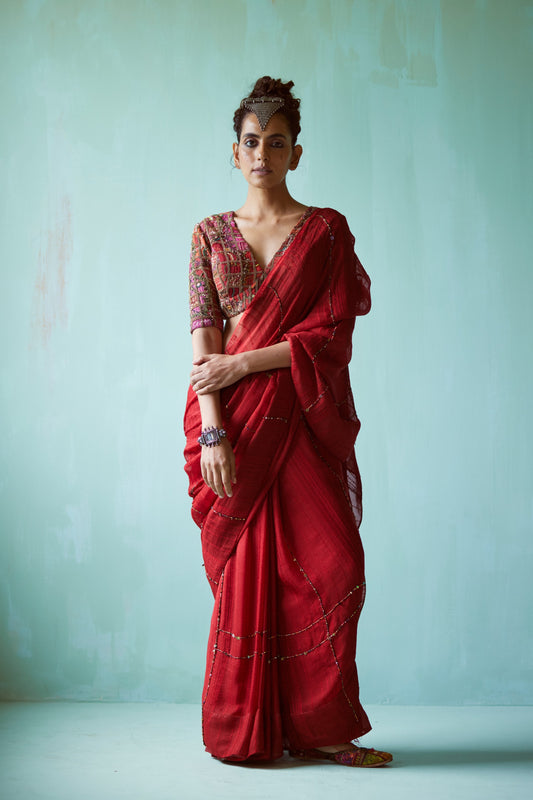 Red Hand Embellished Patchwork Saree Set