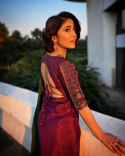 Purple & Green Ombre Saree & Embroidered Blouse