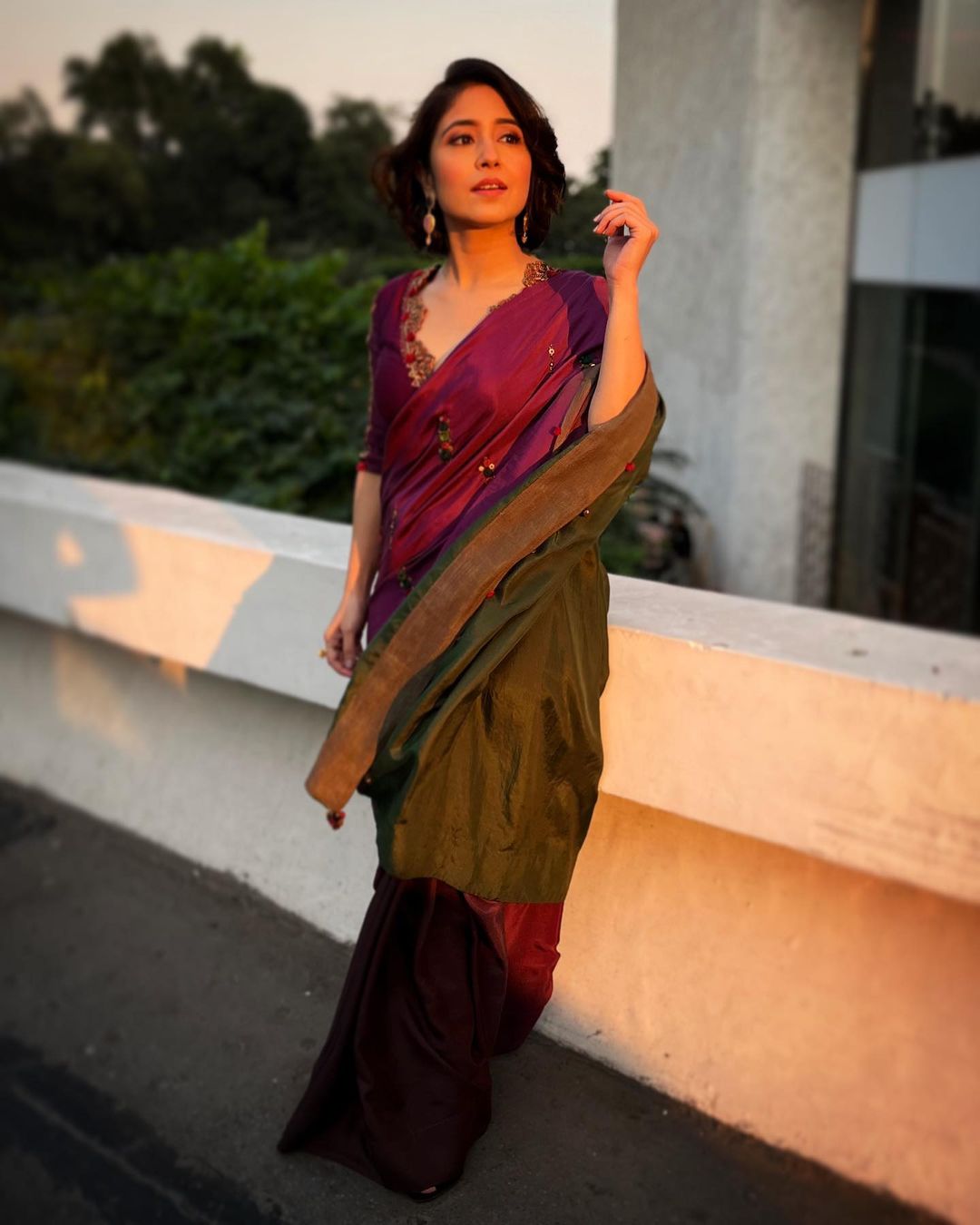 Purple & Green Ombre Saree & Embroidered Blouse