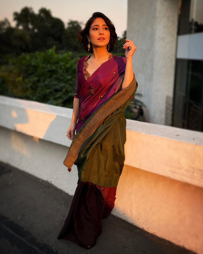 Purple & Green Ombre Saree & Embroidered Blouse