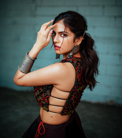 Brown & Black Panelled Lehenga Set