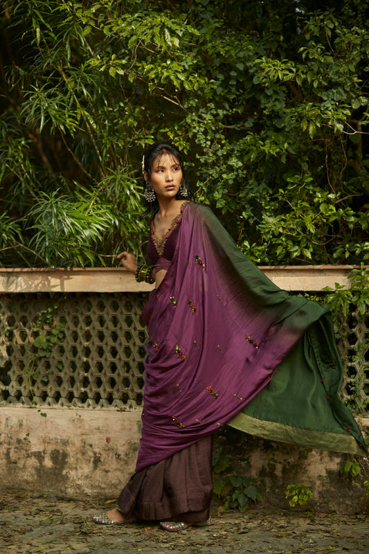 Purple & Green Ombre Saree & Embroidered Blouse