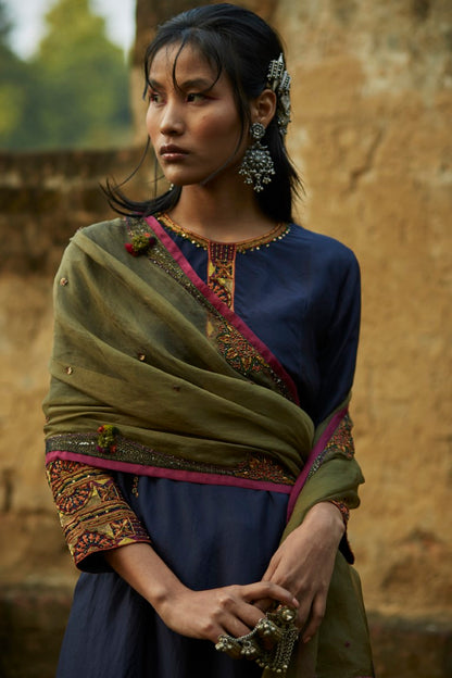 Blue Silk Embroidered Kurta Set