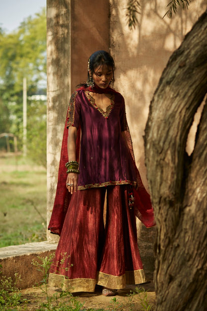 Purple & Red Silk Sharara Set with Chiffon Dupatta