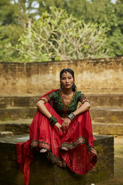 Red Silk Embroidered Lehenga Set
