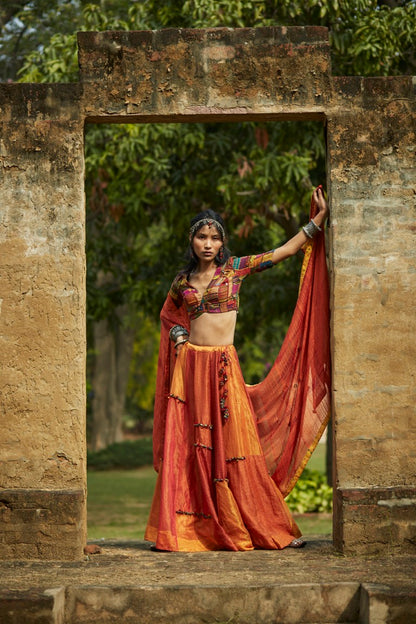 Orange Patchwork Embroidered Lehenga Set