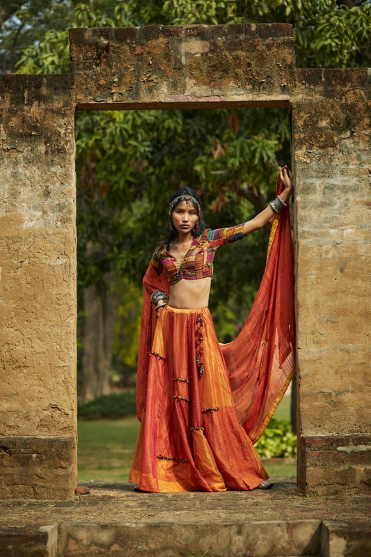 Orange Patchwork Embroidered Lehenga Set