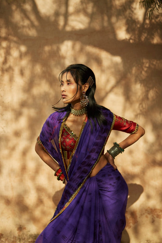 Purple Silk Crepe Bandhani Saree Set