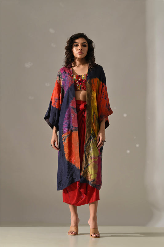 Red Multi Patchwork and Placement Tie Dye Cape Set