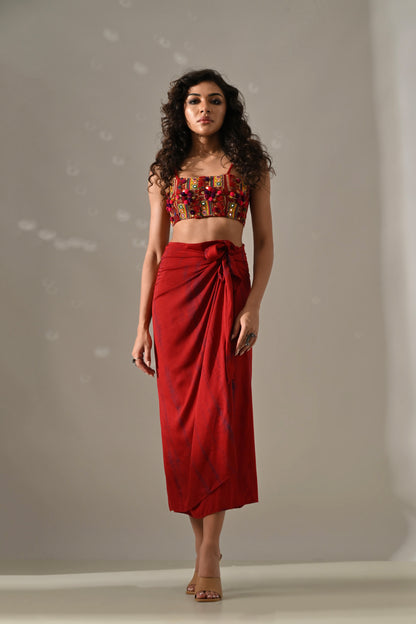 Red Multi Patchwork and Placement Tie Dye Cape Set