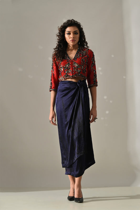 Red Blue Hand Embroidered Jacket Skirt Set