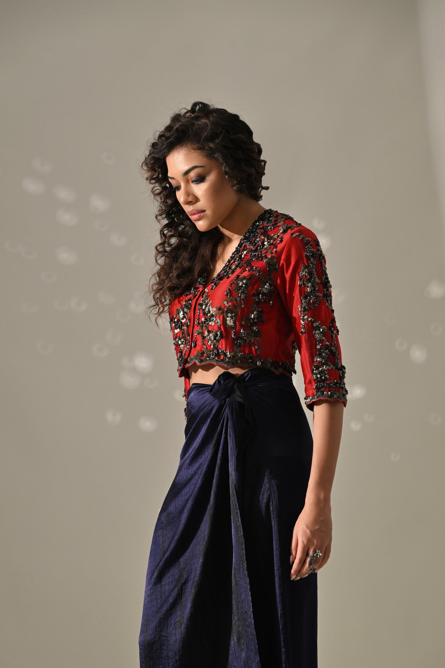 Red Blue Hand Embroidered Jacket Skirt Set