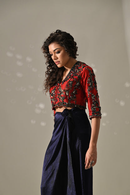 Red Blue Hand Embroidered Jacket Skirt Set