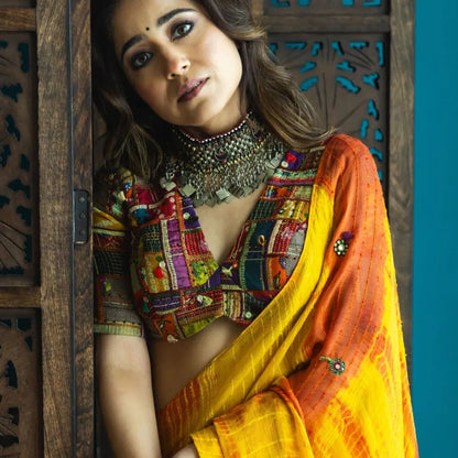 Day Assorted Blouse With Yellow Orange Chiffon Saree