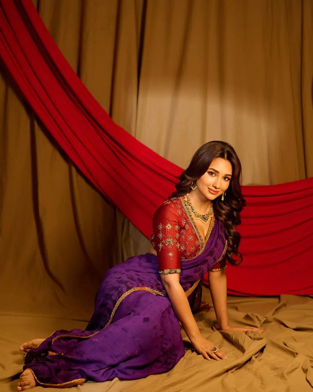 Purple Silk Crepe Bandhani Saree Set