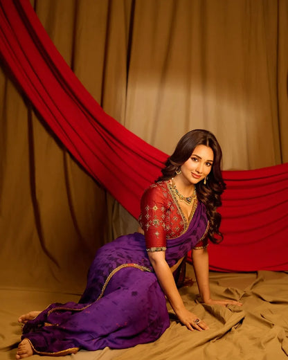 Purple Silk Crepe Bandhani Saree Set