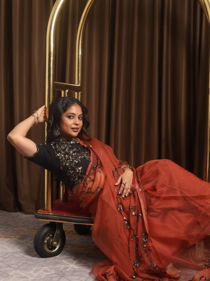 Peach Black Hand Embroidered Saree Set