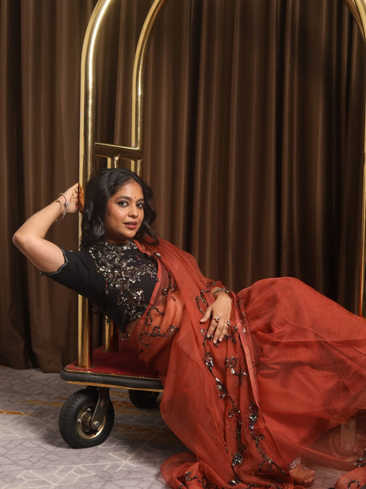 Peach Black Hand Embroidered Saree Set