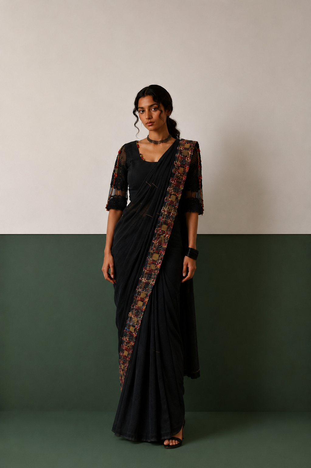Black Linen Hand Embroidered Saree