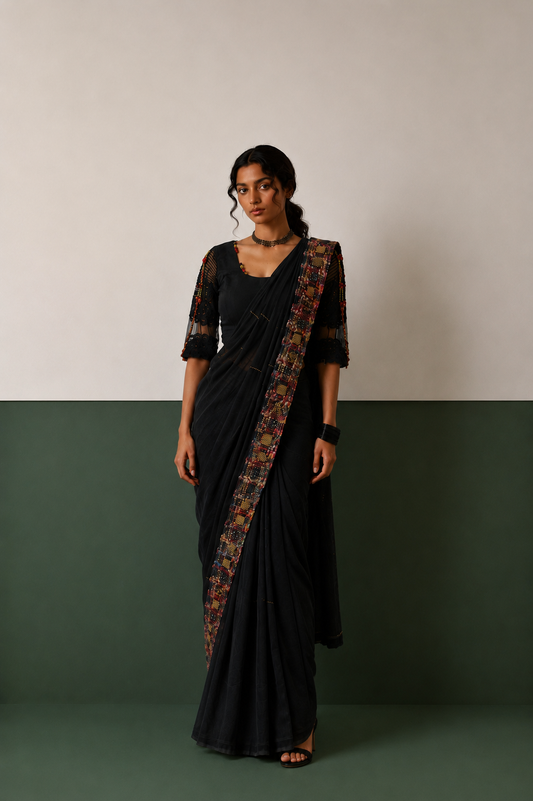 Black Linen Hand Embroidered Saree