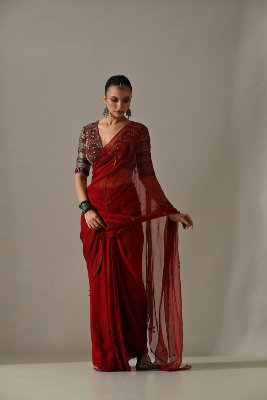 Deep Red Textured Hand Work Saree Set
