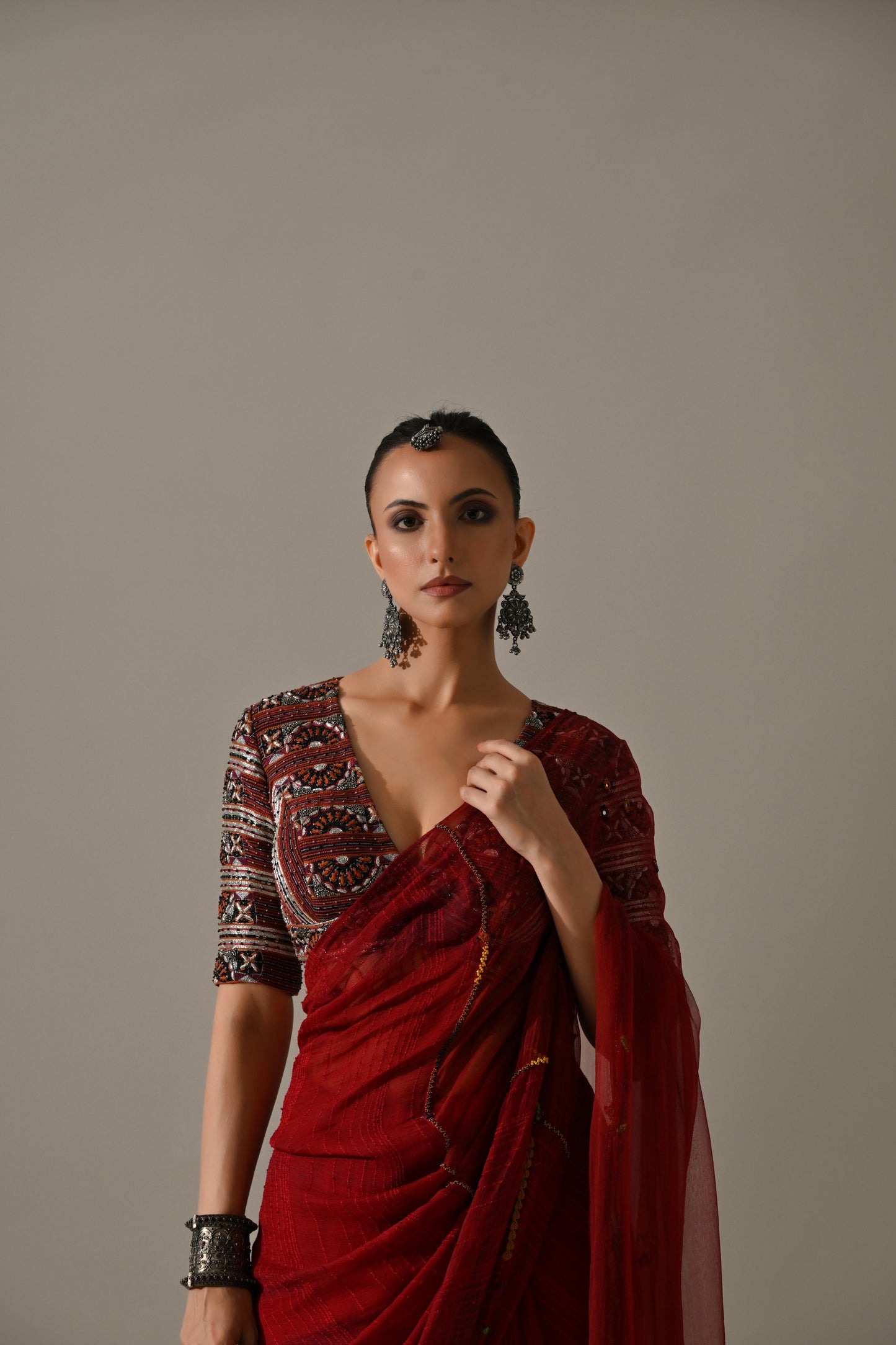 Deep Red Textured Hand Work Saree Set