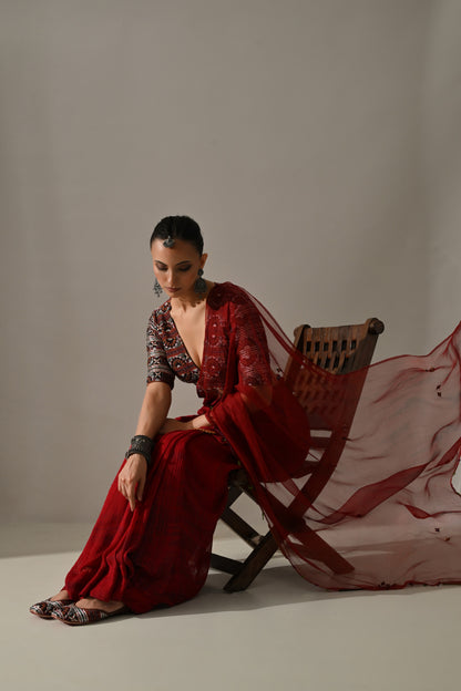 Deep Red Textured Hand Work Saree Set