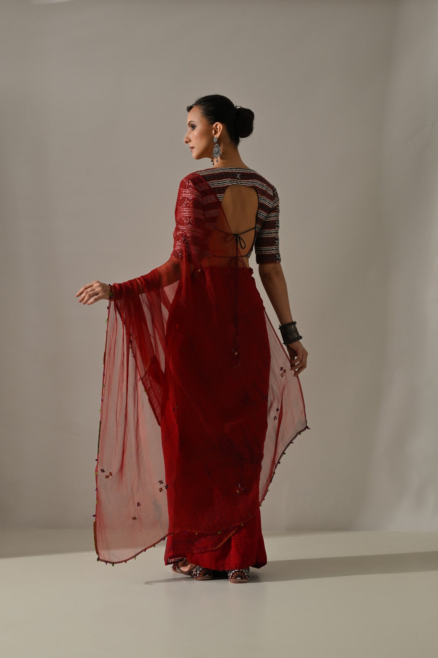 Deep Red Textured Hand Work Saree Set