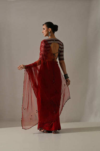 Deep Red Textured Hand Work Saree Set