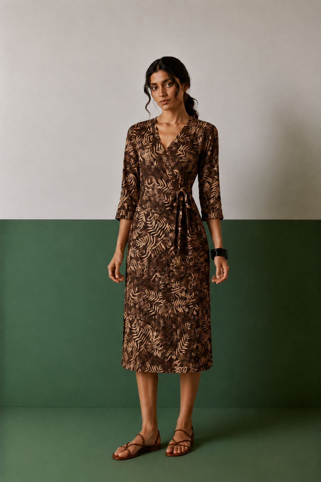 Brown Beige Wrap Dress