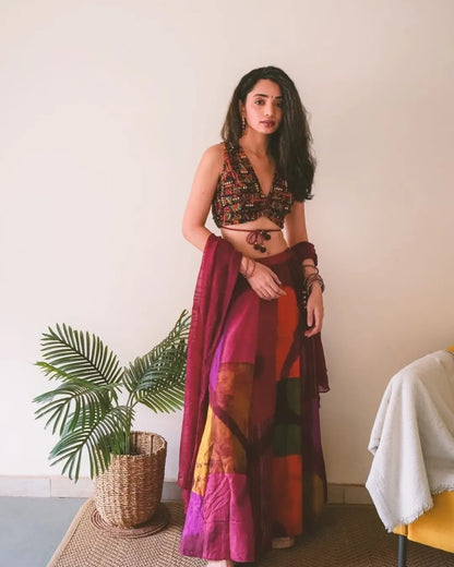 Multicolor Silk Overdyed & Embroidered Lehenga Set