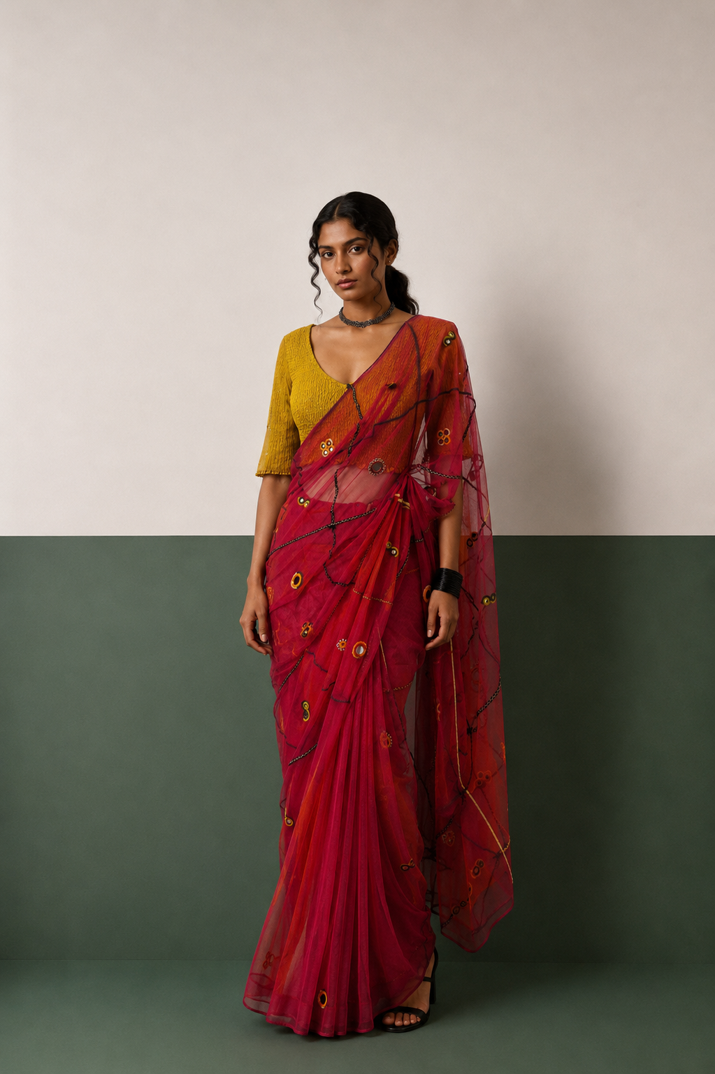 Pink Net and Mirrorwork Saree