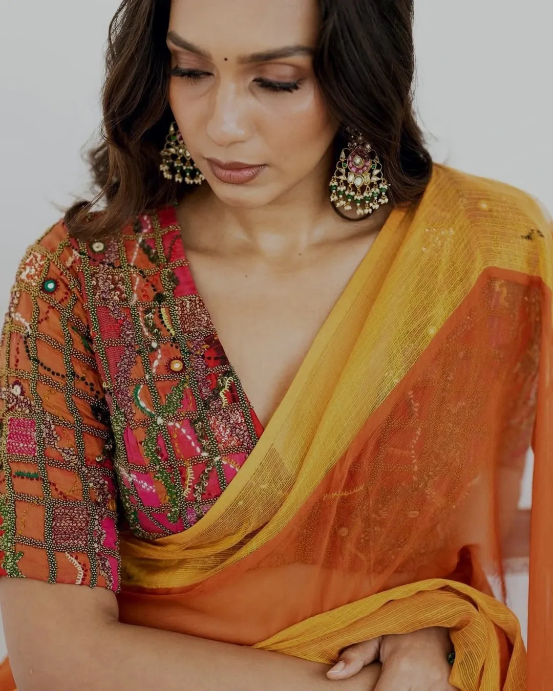 Multi Patchwork Blouse and Tissue Saree Set