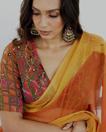 Multi Patchwork Blouse and Tissue Saree Set